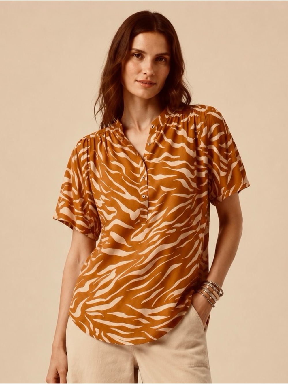 Anthropologie Maeve Windham Zebra Animal Print Henley Tunic Cedar Oversized Boho